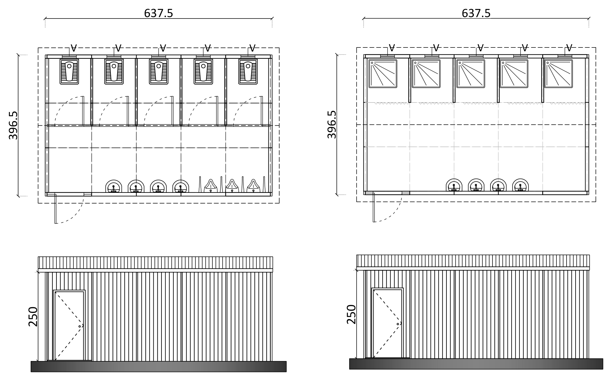Floor plans and front views of a camp toilet block and shower block