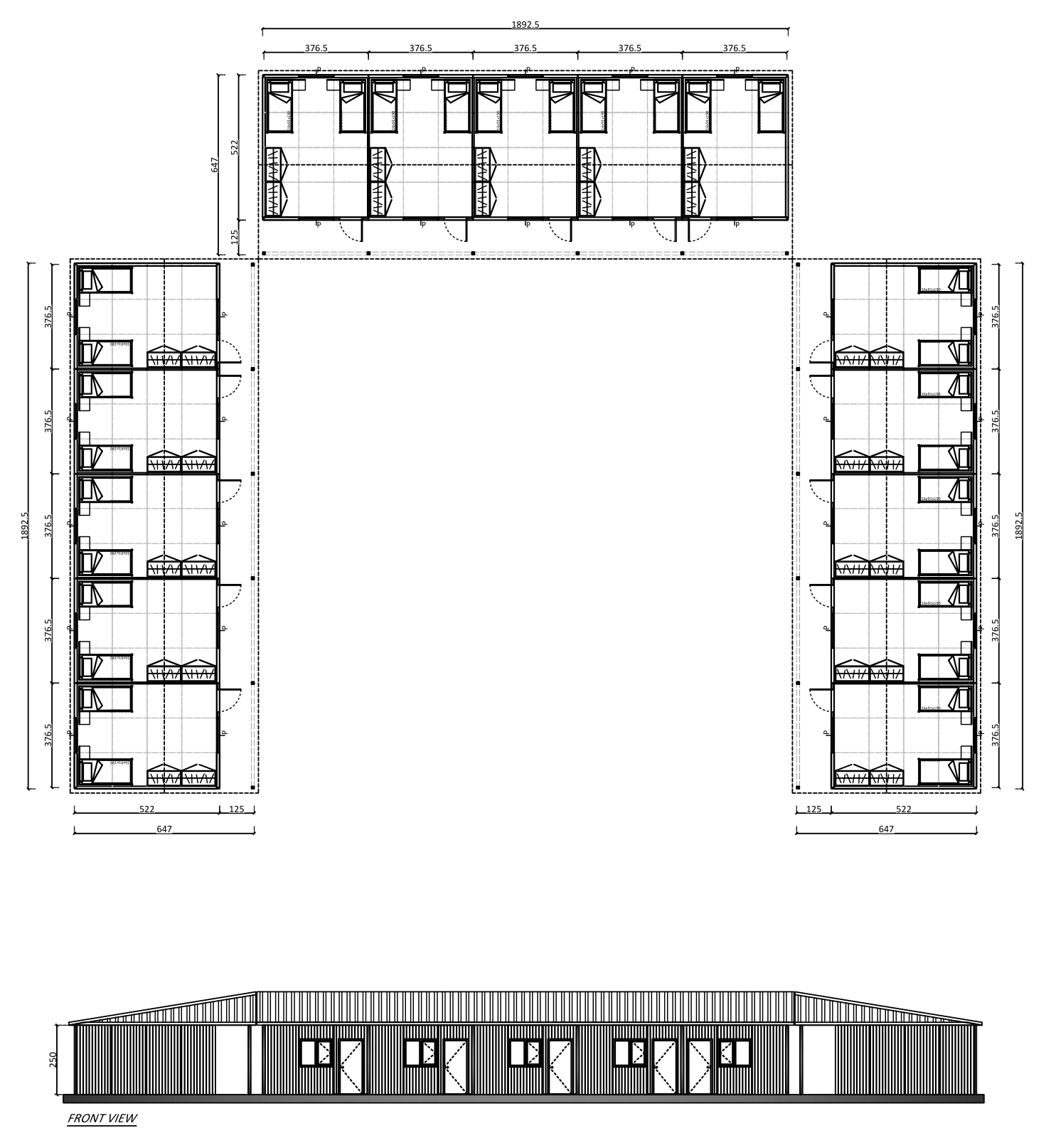 Floor plan and front view of a three-wing camp dormitory with 15 rooms