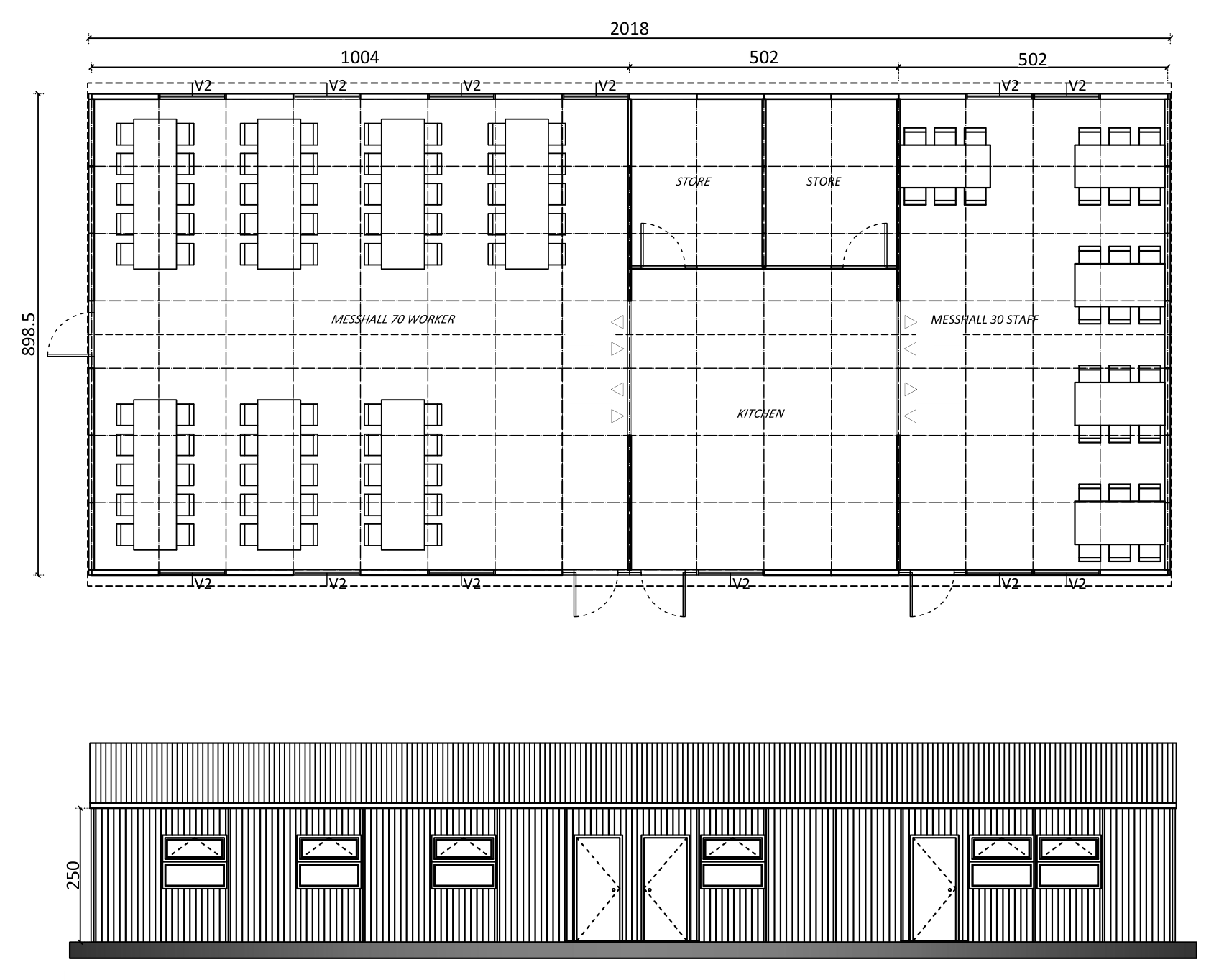 Floor plan and front view of a camp mess hall with kitchen and two dining rooms